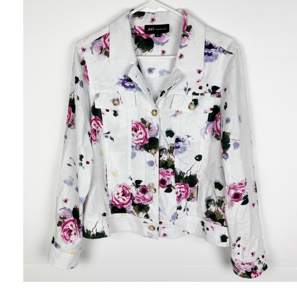 JNY Jones New York Jacket Women’s Large Floral Linen Blend White Cottagecore - Picture 5 of 5